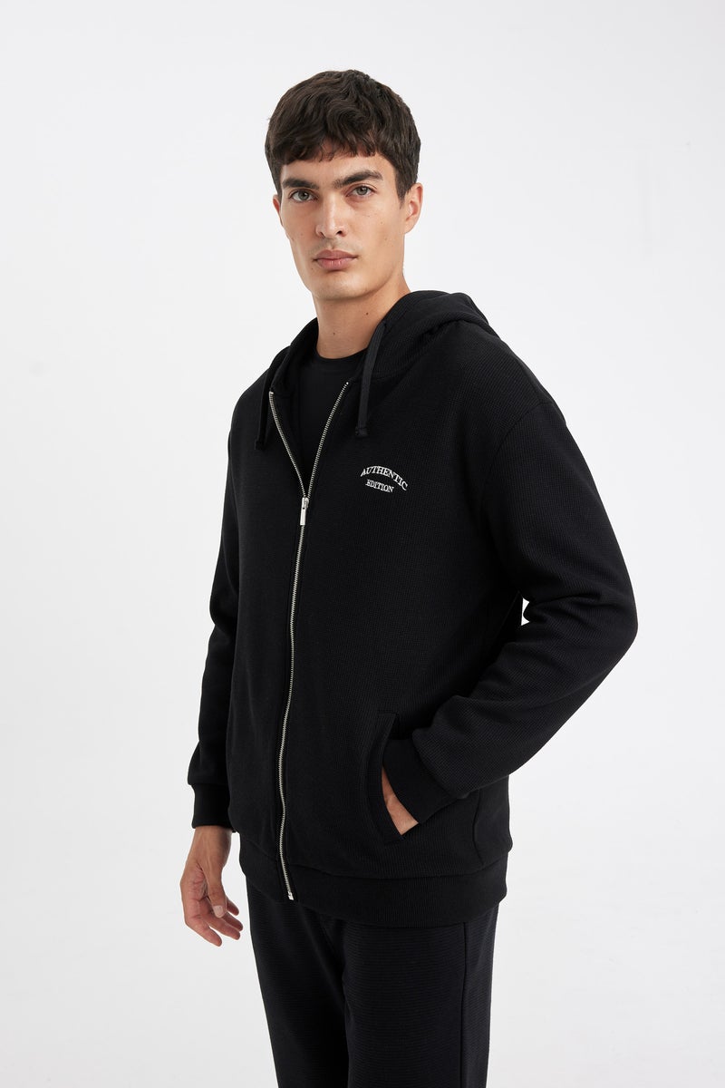 DeFacto Black Man Relax Fit Hooded Waffle Zippered Sweatshirt Casual - Image 3